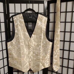 HI-TIE Men's Paisley Satin Vest & Tie Set in Champagne & Brushed Gold